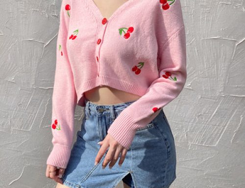Pink embroidered jacquard knit short cardigan sweater